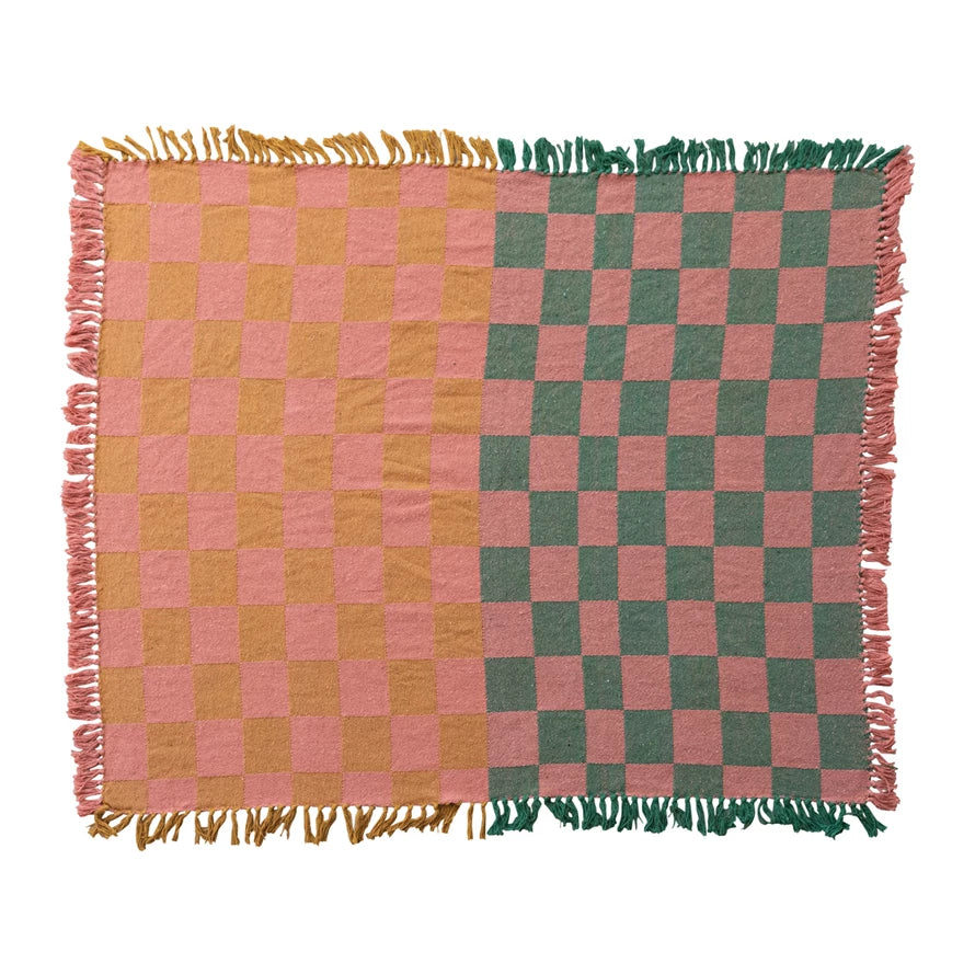 Woven recycled cotton throw in pink and green check, 60"x50" gift shop